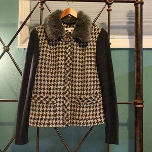 CAbi Houndstooth Jacket with Gray Faux Fur